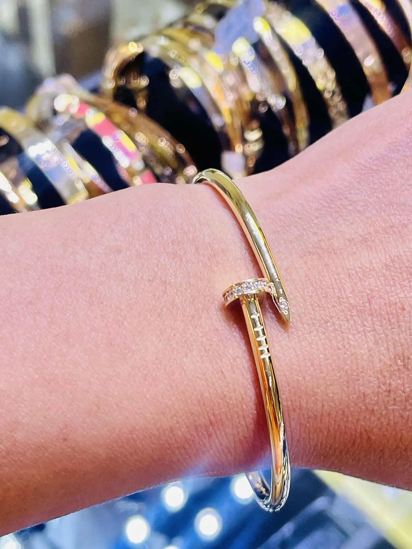 14K Gold / Silver Nail-Design Bangles with Crystal Accents - Image 2