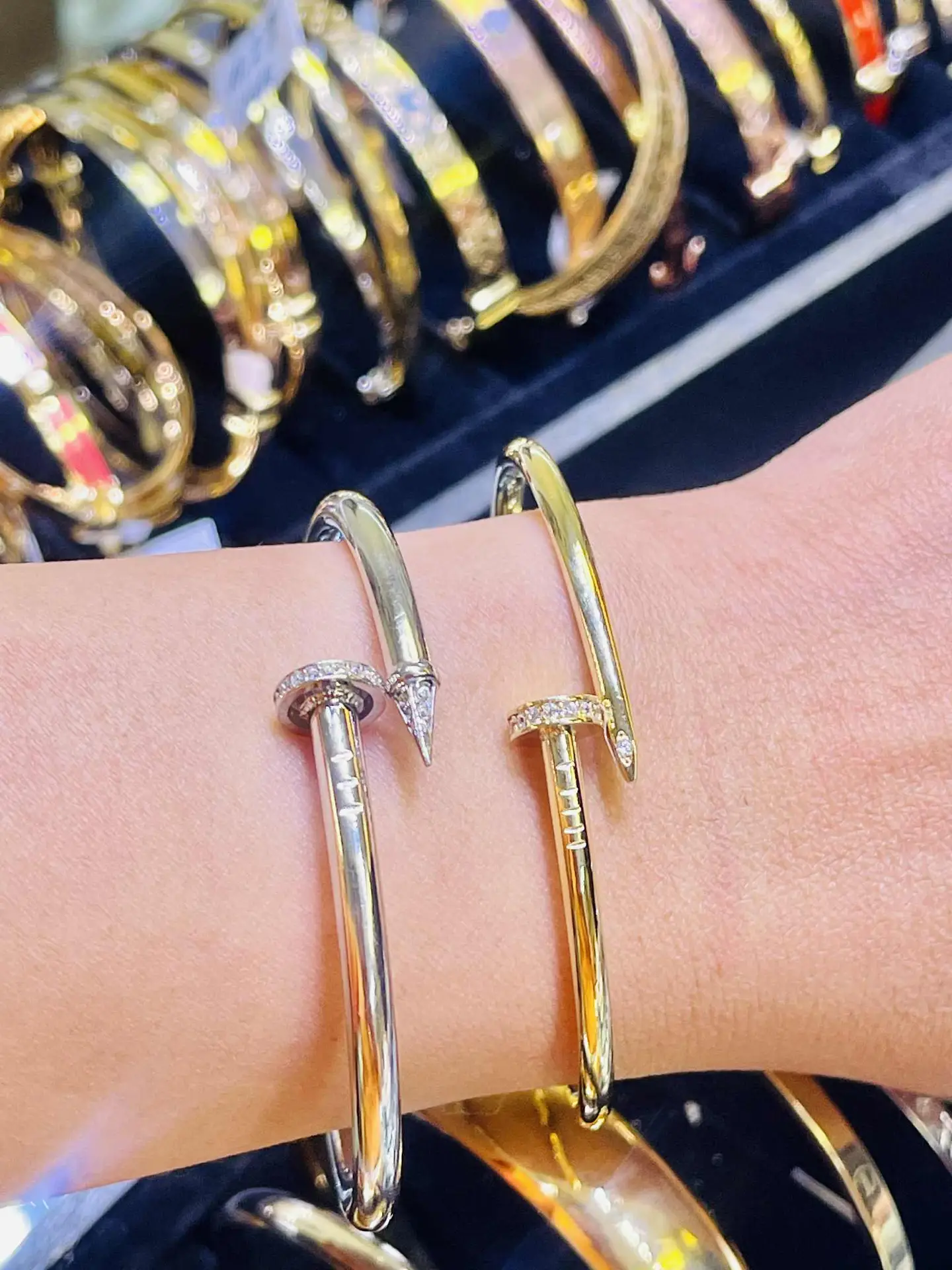 14K Gold / Silver Nail-Design Bangles with Crystal Accents